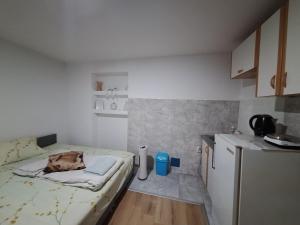 a small room with a bed in a kitchen at Pandora's Place in Sarajevo