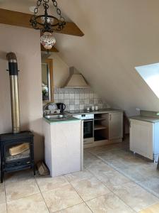 a kitchen with a stove and a stove top oven at Gallery Guest Rooms in Kernavė