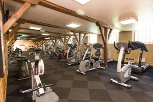 a gym with rows of treadmills and exercise bikes at Magnifique villa avec piscine et climatisation in Lombez