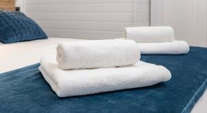 two towels sitting on top of a blue rug at Parrot’s House in Lloret de Mar