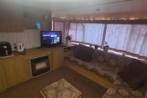 a living room with a couch and a television at Cozy Cardiff Cabin Retreat sleeps 6 by Aimee in Cardiff