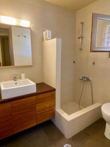 a bathroom with a sink and a shower and a toilet at Charming house with sea view in Chrousa, fenced garden in Chrousa +44 photos