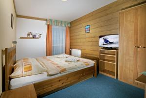 um quarto com uma cama e uma televisão de ecrã plano em Pension and Apartments MONIKA em Spindleruv Mlyn