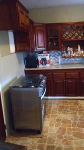 a kitchen with a stove and a counter top at Dunbar's Two bedroom in Montego Bay