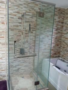 a shower with a glass door in a bathroom at Dunbar's Two bedroom in Montego Bay