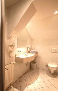 ein Bad mit einem Waschbecken und einem WC in der Unterkunft Hotel Arcus in Elsterwerda