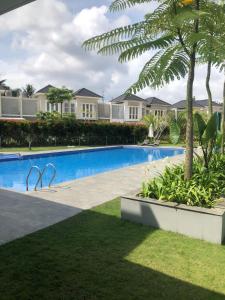 basen z palmą i niektóre domy w obiekcie House of Luna Peaceful Villa Tengah Kota Pekanbaru w mieście Pekanbaru