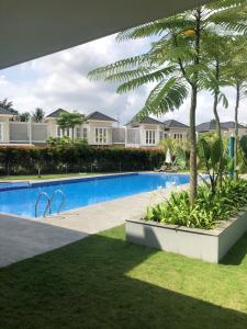 basen z palmą i niektóre budynki w obiekcie House of Luna Peaceful Villa Tengah Kota Pekanbaru w mieście Pekanbaru