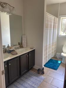 un baño con lavabo y espejo en Cozy Bedroom in Newer Home, en Cartersville 8 fotos más