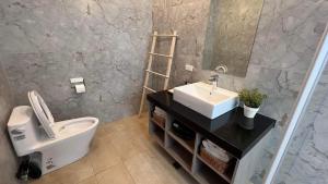 un bagno con lavandino, water e specchio di Mou Xia Villa a Wujie Altre 29 foto