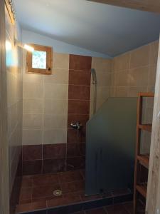 a bathroom with a shower with a glass door at Cottage House in Kardítsa