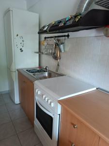 a kitchen with a white stove and a sink at Cottage House in Kardítsa +12 photos