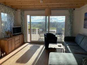 モンシャウにあるSchwedenhaus Fridhem Hügelglück mit Weitblickのソファと大きな窓のあるリビングルーム