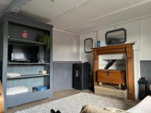un soggiorno con TV e divano di La Petite Maison, idéal pour velo,pied,peche,relax a Mûr-de-Bretagne