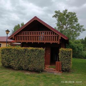 a small house with two bushes in front of it at Camping Bałtyk in Dźwirzyno