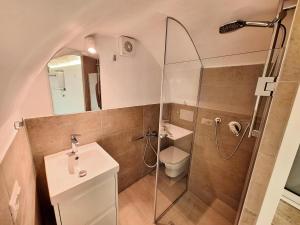 a bathroom with a shower and a sink and a toilet at Vico Farinella 12 Small Room in Polignano a Mare
