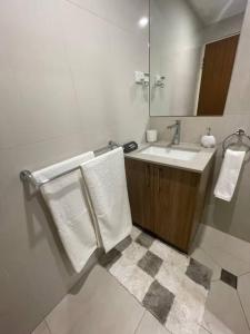 a bathroom with a sink and a mirror and towels at CBD Esplanade Location - Quiet & Comfortable in Darwin