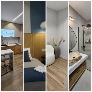 3 diverse viste su un bagno e su una camera da letto di Blue Haven Studio, Rezerva acum studio cu Design Interior pe comanda, Incalzire Pardoseala, Apa filtrata, Cafea, Ceai, Parcare publica Gratuita a Craiova Altre 30 foto