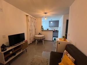 a living room with a television and a kitchen with a table at Apartamento prox Outlet Campo Largo, BR e Hospitais, possui lava e seca in Campo Largo