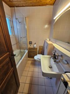a bathroom with a sink and a shower and a toilet at Chalet Taipan Verbier in Verbier +37 photos