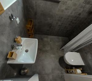 a bathroom with a sink and a toilet at Domki Smokowo in Gołubie +32 photos