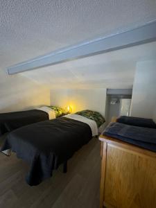 a bedroom with two beds and a blue ceiling at Micro-maison 100m de la plage in Le Barcarès