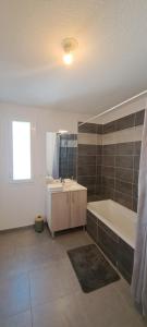 Un baño grande con bañera y lavabo. en T2 Charmant, spacieux parking privé tram et metro, en Toulouse