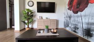 a living room with a coffee table and a tv at Poppy flower in Stalís