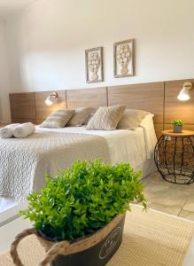 a bedroom with a large bed and a potted plant at Pousada Luz do Sol in Carrancas
