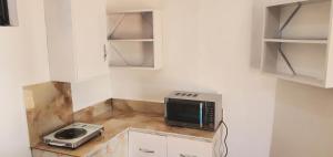 a microwave sitting on top of a counter in a kitchen at LakeSide Beach in Kigoma +19 photos