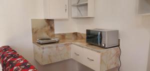 a microwave sitting on top of a counter in a kitchen at LakeSide Beach in Kigoma