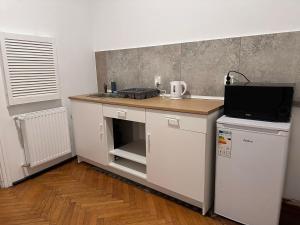 Una cocina con encimera con fregadero y microondas. en Apollo 56, en Poznan