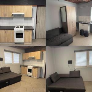 3 fotos de una cocina y una sala de estar en Wiejska Chata w Doline Baryczy, en Ujeździec Mały