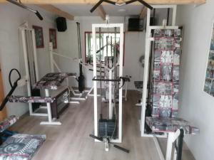 a room with a gym with treadmills and mirrors at Apartman LAVANDA in Šumarak