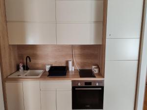 a small kitchen with white cabinets and a sink at Brzece lux apartman in Brzeće