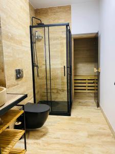 ein Badezimmer mit Dusche und schwarzer Toilette in der Unterkunft Stone Apartment with sauna Sinaia in Sinaia + 34 Fotos