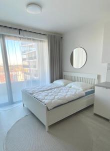 a bedroom with a bed with a mirror and a window at BRIS Apartment, 1-2 guests, Free Parking & Wifi, 4km Downtown, Bratislava in Nivy