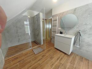 a bathroom with a shower and a sink and a mirror at Chata Ferrata Martinky in Martin +21 photos