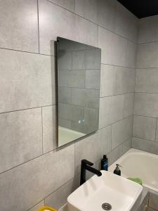 a bathroom with a sink and a mirror and a tub at Reiņu meža Apartaments in Liepāja +5 photos