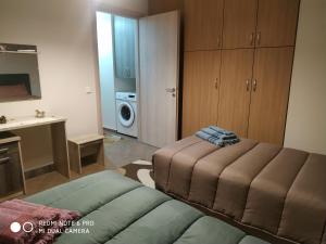 a living room with a bed and a washing machine at Villa Krina Rosa Aigio in Elíki