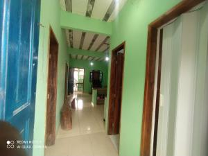 a hallway of a house with green walls at Casa Caribe in Cumuruxatiba