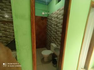 a small bathroom with a toilet and a green wall at Casa Caribe in Cumuruxatiba