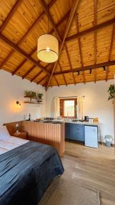 Pousada Vista do Céu في مونتي فيردي: غرفة نوم مع سرير كبير ومطبخ