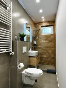 un baño con inodoro y lavabo en Central Charm Apartment, en Tîrgu Neamţ