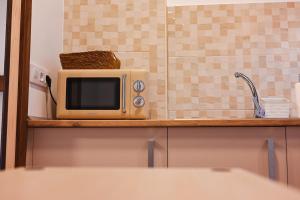 a microwave sitting on a counter in a kitchen at Apartamentos El Pozo 2 in Villanueva de la Vera