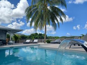 莱特鲁瓦西莱Kasa Créole的棕榈树和喷泉的游泳池