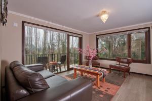 sala de estar con sofá de cuero y ventanas grandes en Mirabosque New Apartments 3, en Osorno