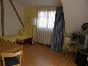 ein kleines Wohnzimmer mit Sofa und TV in der Unterkunft Hotel Pension zu Dresden Altpieschen in Dresden