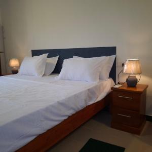 a bedroom with a bed with white sheets and two lamps at Sandy Steps in Kalutara