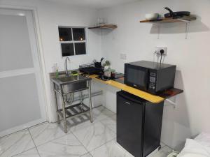 Una pequeña cocina con fregadero y microondas. en Kaye Noix, en Castries
